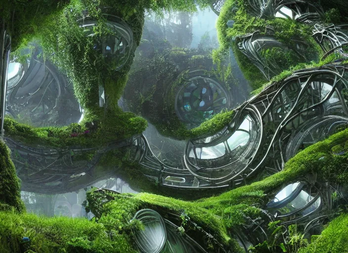 Image similar to detailed underground lair hideout, complex robotic apparatus, shire, utopian hobbit-hole, intricate futuristic technology, arcology made out of lush flora, dense quaint pastoral fantasy landscape, giant PC water cooling tubes filled with glowing liquid illuminating, shire, magic hour, futuristic treehouse jungle, 3d render by Ivan Shishkin