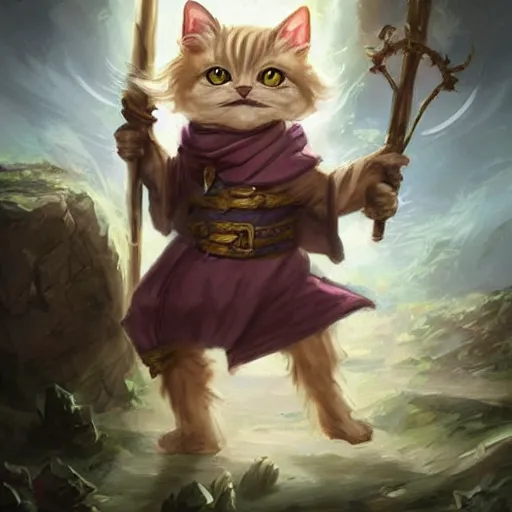 Image similar to cute little anthropomorphic one Maltese Terrier and one tabby cat, wielding a magic staff, tiny, small, short, Wizard robe, cute and adorable, pretty, beautiful, DnD character art portrait, matte fantasy painting, DeviantArt Artstation, by Jason Felix by Steve Argyle by Tyler Jacobson by Peter Mohrbacher, cinema