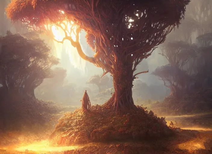 Prompt: The Mana Tree, a fantasy digital painting by Greg Rutkowski and James Gurney, trending on Artstation, highly detailed