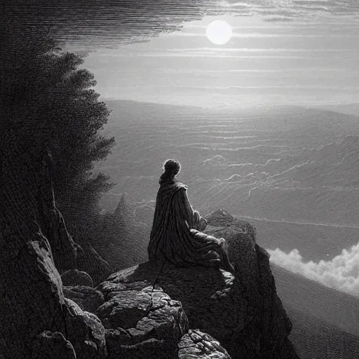 Image similar to A lonely woman looks down from a huge cliff, mountains, gorgeous view, velly distant forest, distant city, distant glow, night, sunset, dramatic light, Chiaroscuro, long shadows, dark, masterpiece, high detail, detailed, illustration by Paul Gustave Doré