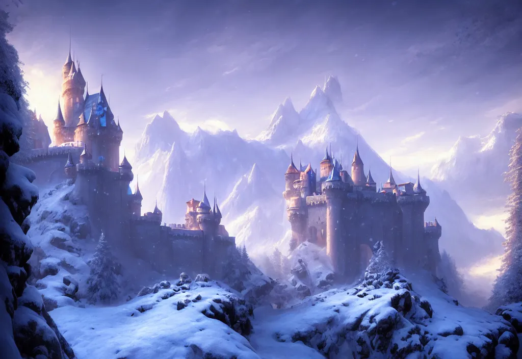 Prompt: large castle in between two mountains, covered in snow, epic blue sky, cinematic view, concept art, high detail, well lit, volumetric, godrays, vivid, trending on artstation, by jordan grimmer, art greg rutkowski