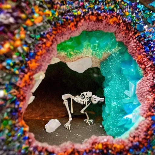 Image similar to tiny dinosaur skeleton inside a geode of colored crystals