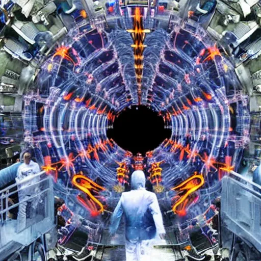 Prompt: Joe Biden and a group of demons crawling out of The Large Hadron Collider at cern 4k ultra high quality surrealism