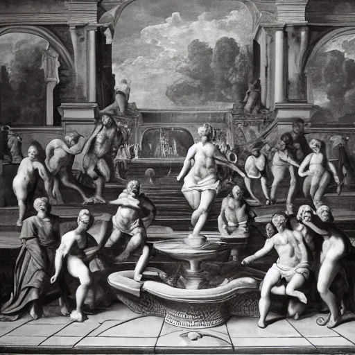 Prompt: facility portrait, all subjects posing around a fountain baroque style 1 6 5 6 inspired by diego velasquez 2 2 ft distance