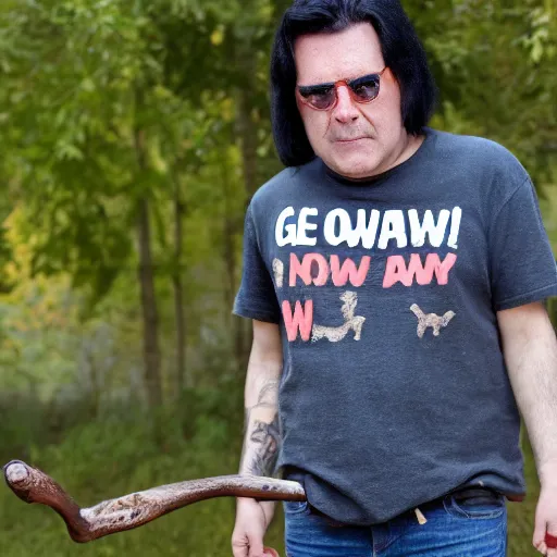 Prompt: a man with straight black hair a patch over one eye and a wooden walking stick wearing jeans and a t-shirt that reads go away, high resolution film still, 8k, HDR color