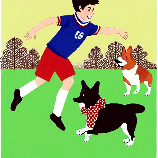 Image similar to illustration of french boy in paris playing football against a corgi, the corgi is wearing a polka dot scarf