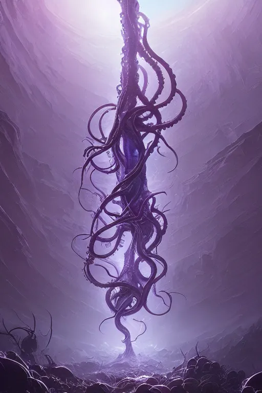 Prompt: Eldritch Organic Tower of The Void made of eyeballs and tentacles, Purple and Blue colored, 4k, masterpiece, cinematic, glowing, by Greg Rutkowski, Trending on Artstation, Behance. Polished, Volumetric Lighting
