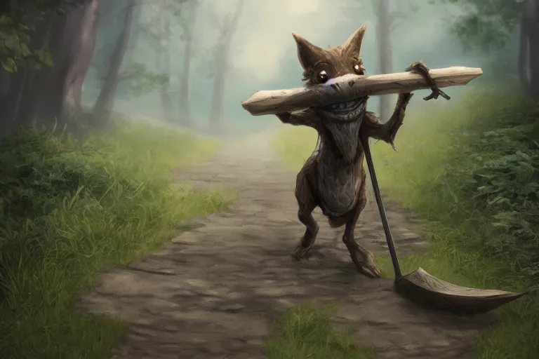 Prompt: a lone kobold carrying a bindle stick, traveling long dirt road, d & d, fantasy setting, 4 k, digital art