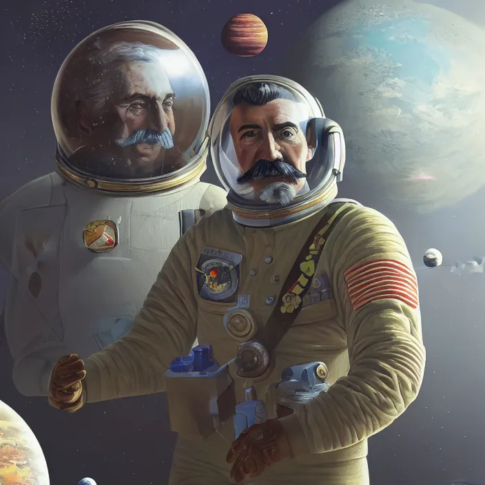 Prompt: very detailed portrait of joseph stalin, dressed in a spacesuit, sci - fi, futuristic, details, intricate, octane render, redshift, smooth, illustration, fairy lighting, stars and planets in the background, hyperrealistic, by dmitry prozorov, loish, and wlop, trending on artstation, hyperdetailed, hyperrealism