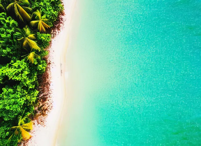 Prompt: aerial view of a beautiful beach with tropical trees, sunny day, cinematic, beautiful light, photo realistic