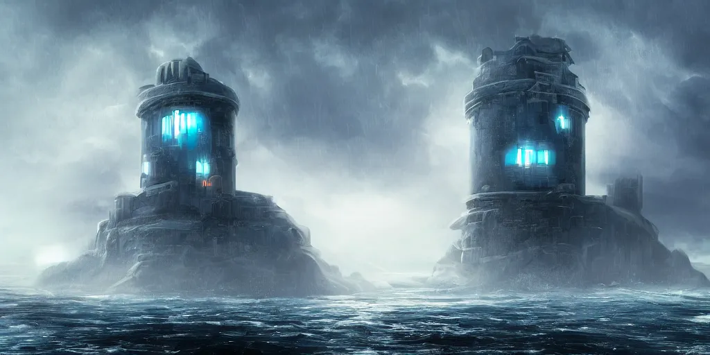 Image similar to a futuristic fortress tower in the middle of the rainy ocean, highly realistic concept art, blue cold atmosphere, but there is a read light glowing under the fortress, perfectly symmetric composition, great lighting, chiaroscuro, phorohraphy, cinematography, high quality, on trending, beautiful, 4 k