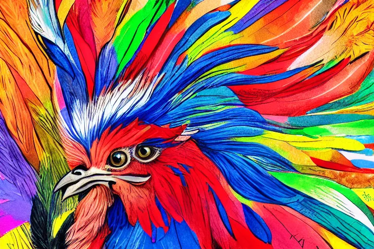 Image similar to illustration of a rooster with feathers of many colors, by liam cobb, lively colors, portrait, sharp focus, colored feathers