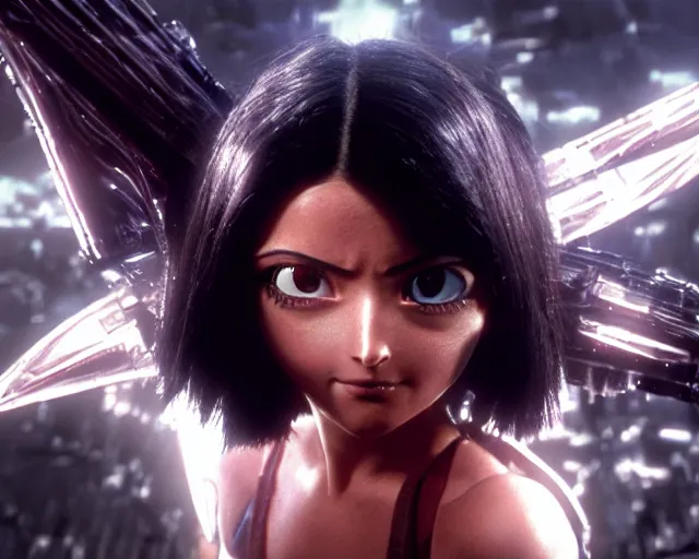 Image similar to a beautiful film still from battle angel alita, futuristic, cinematic lighting, photorealistic, lifelike, highly detailed, photorealistic, high resolution