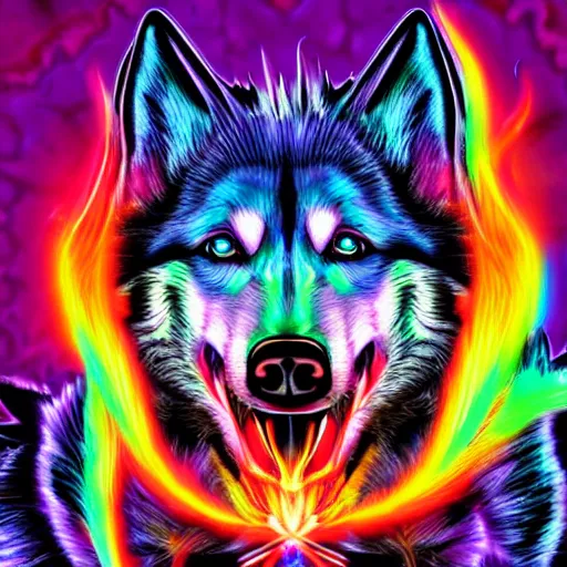 Prompt: a psychedelic husky dragon breathing fire