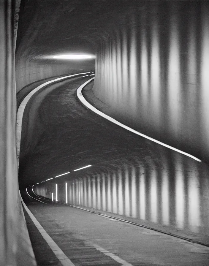 Image similar to tunnel under detroit airport, telephoto zoom, 2 0 0 mm, kodak kodachrome 6 4,