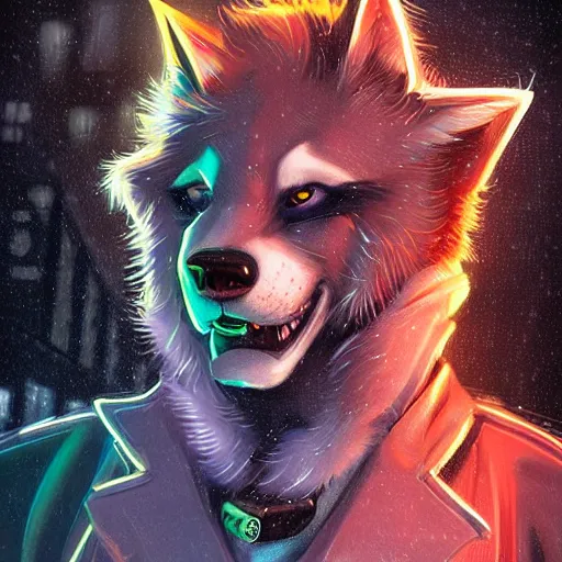 Image similar to beautiful furry art portrait commission of an androgynous furry anthro wolf fursona wearing punk clothes in the streets of a cyberpunk city at night in the snow. neon signs. character design by rick griffin, miles df, smileeeeeee, charlie bowater, ross tran, detailed, inked, western comic book art