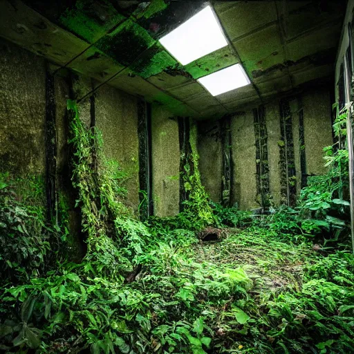 Image similar to abandoned, overgrown, underground bunker. jungle room with trees.