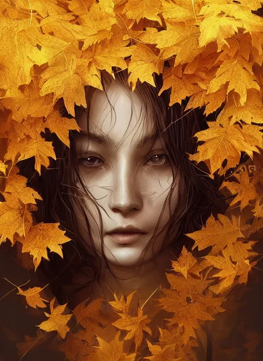 Image similar to golden leaves at frame border, creative!!! composition for a book cover!!!, absurdly beautiful, ultrafine hyperrealistic detailed old witch face by wlop and artgerm and greg rutkowski, intricate linework, sharp focus, smooth, octopath traveler, final fantasy, unreal engine, dramatic lighting, ethereal, 8 k