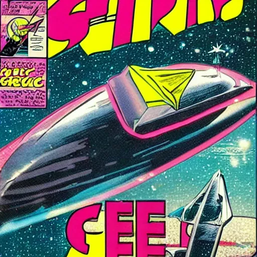 Image similar to 80s comic book sci-fi space ship in the shape of bee gees barry gibb's head, flying through outer space,