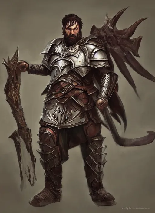 Image similar to gruff human cleric in plate male armor painted by raymond swanland