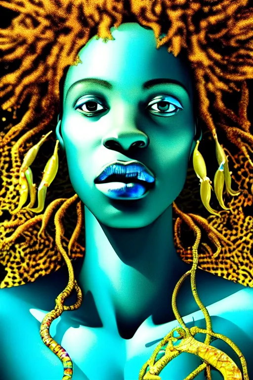 Image similar to hyperrealistic precisionist cinematic very expressive! translucent!! african goddess, full body, underwater scene with fish and algae, gold jewerly, highly detailed face, digital art masterpiece, eric zener cam de leon, dramatic pearlescent turquoise light on one side, long shot, low angle uhd 8 k, shallow depth of field