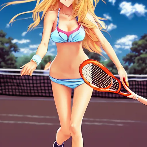 Prompt: a very beautiful young tennis anime cute girl, full body, long wavy blond hair, sky blue eyes, full round face, bikini, miniskirt, front view, mid - shot, highly detailed, cinematic wallpaper by stanley artgerm lau