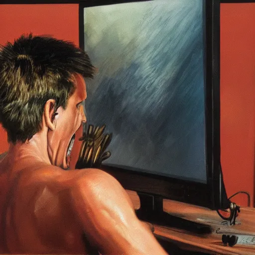 Prompt: an angry man screams at his computer monitor, oil on canvas, 1 9 6 7, highly detailed