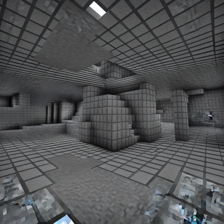 Image similar to Concrete gray multi-layered underground structure with multiple floors and a plus-shaped cleft in the center. Inside view, minecraft style, layers, straight lines, corners, high detailed, details, ultra realistic, photorealism, 8k, wide shot, symmetrical, brutalism, ray of light, architecture, volumetric lighting, cinematic, shadows