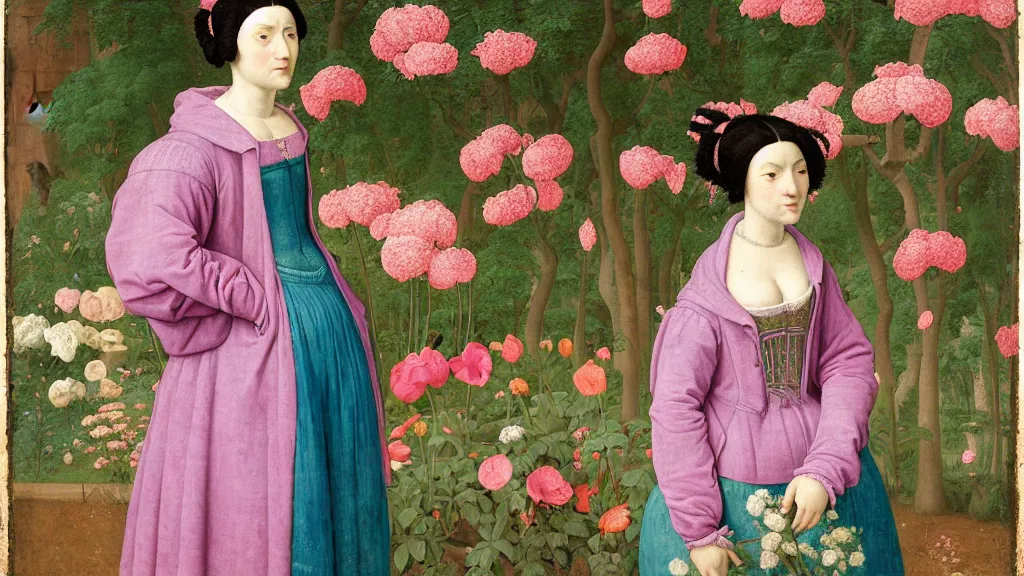 Prompt: portrait of a Spanish woman with green blue hair, wearing a pink hoodie, fully clothed, standing in a garden full of flowers and trees, intricate details, high detail, in a renaissance style, super-flat, in the style of Jean Auguste Dominique Ingres, James Jean, punk, Asian art,