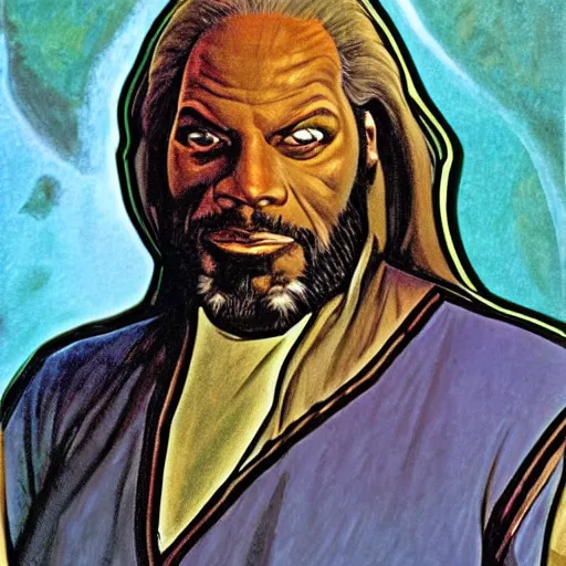 Image similar to Worf from Star Trek Next Generation, painted by Alfons Mucha