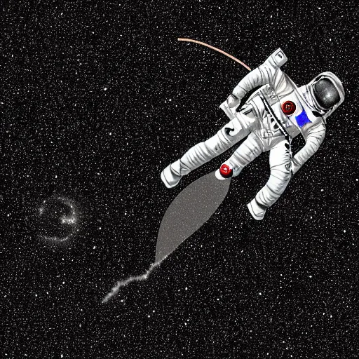 Prompt: astronaut drifting afloat in space, in the darkness away from anyone else, alone, digital render, detailed illustration, black background dotted with stars, concept art, realistic, 8 k