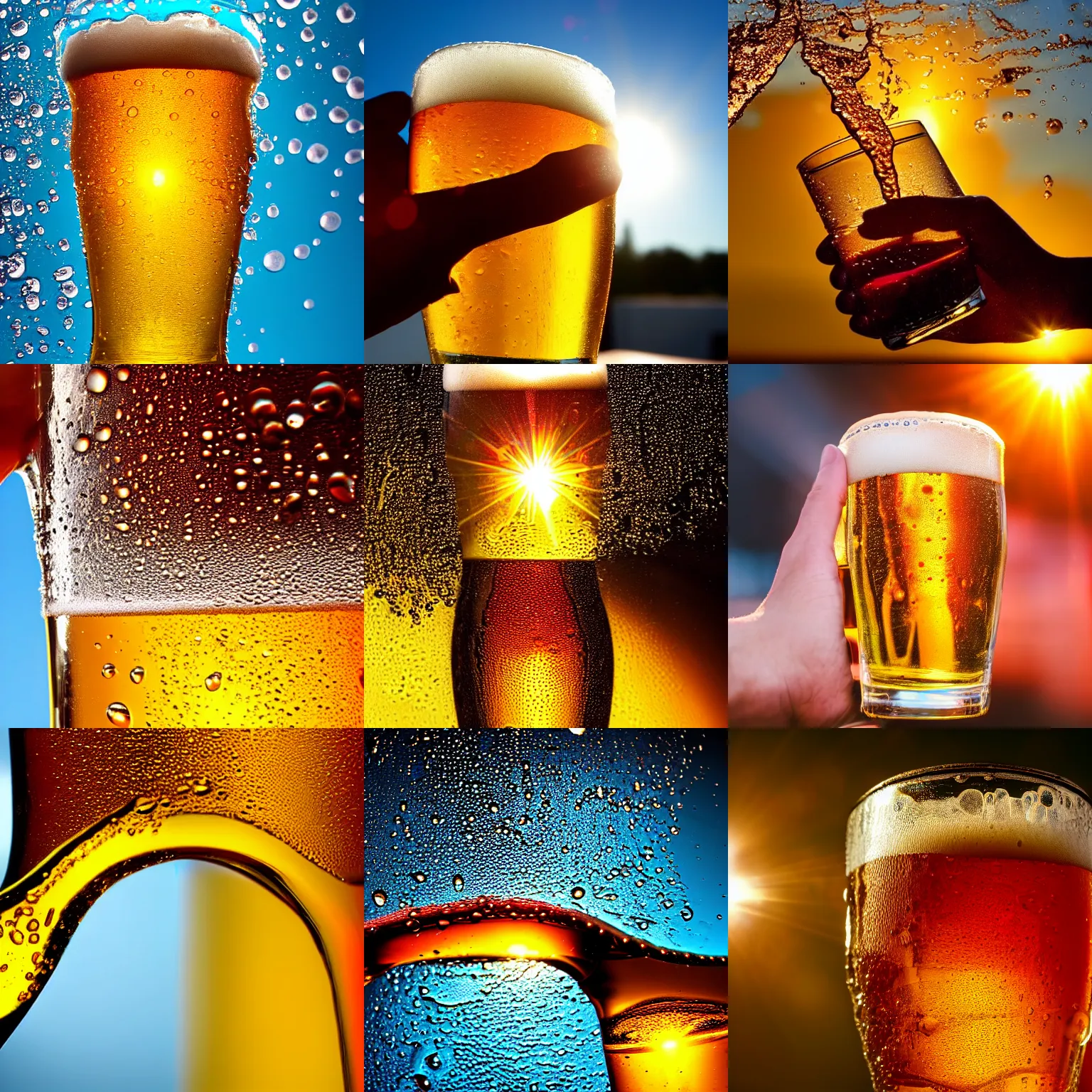 Prompt: closeup photo of hand holding a glass of beer, sunshine, brilliant colors, droplets, ultra sharp, refraction