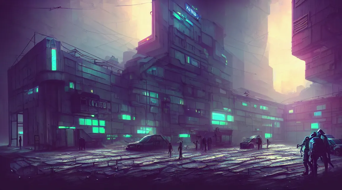 Image similar to post - apocalyptic police station, building, paved roads, sci - fi art, highly detailed photography, trending on artstation, hyperrealistic, human silhouettes, cyberpunk, environment artist, dystopian, science fiction, synthwave neon retro, concrete, vivid colors