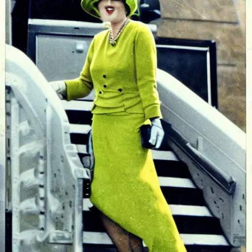 Image similar to a vintage historical fantasy 1 9 3 0 s kodachrome slide german and eastern european mix of the queen of winter and rain is pictured attending a royal tour. she is shown descending a staircase from a luxurious plane, waving to the crowd below. she is donning a pencil skirt and peplum jacket in a yellow and green skirt suit.