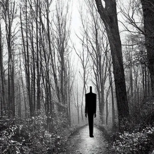 Image similar to Slender man in the woods at night, horror photography, creepy pasta. sharp focus