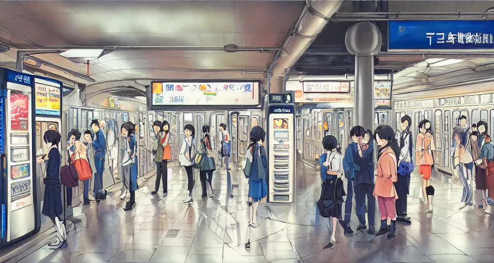 Prompt: beautiful anime painting of tokyo subway station with vending machine, relaxing, slow. trending on Artstation, 8k, masterpiece, sharp, fine detail