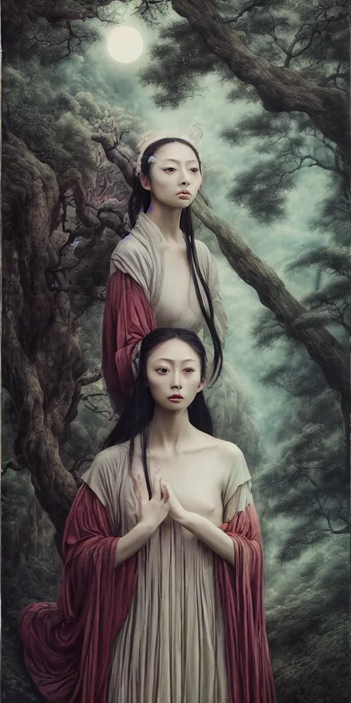 Image similar to wuxia, forest, moonlight, gemma chen, madison beer, angela sarafyan, pinup, intricate beautiful faces, surrealistic painting by agostino arrivabene, vanessa beecroft, anka zhuravleva, mary jane ansell, peter mohbacher, gerald brom