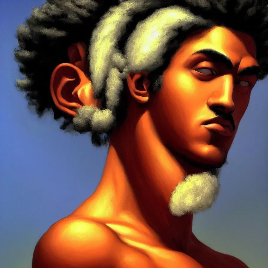 Prompt: a beautiful closeup of a dark - skinned greek god apollo with punk hair and thin eyebrows, digital art by edward hopper, vibrant color scheme, highly detailed, in the style of romanticism, fine art, great lighting, 8 k resolution, clear eyes, soft lighting, soft details, painting oil on canvas, octane render, hdr, trending on artstation