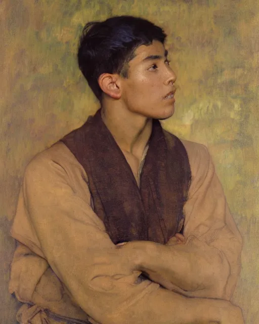 Image similar to young handsome peruvian man, portrait painting by richard schmid, edgar maxence, kehinde wiley, thomas moran, maxfield parrish, studio ghibli, loish, alphonse mucha, fashion photography