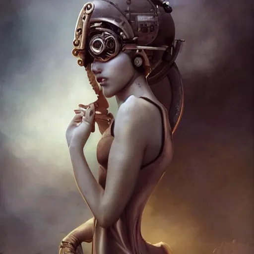 Prompt: By Tom Bagshaw, Abstract tech, a very beautiful steampunk female in bodysuit, ruins by night, symmetric body features proportions, horror, volumetric clouds and fog, focus, detailed, realistic eyes looking at camera, symmetric body features proportions, golden ratio, intricate details, award winning, unreal render