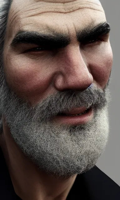 Prompt: face closeup covered with 4 0 year old man, serious medium smile, medium sized eyebrows, gren grey eyes, pale skin, grey beard, long grey hair, symmetric face, 3 d render, hyper - realistic detailed portrait, ruan jia, wlop