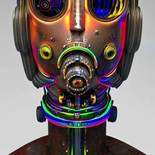 Image similar to a claymodel of a steampunk rococo spaced out futuristic robot head wearing multicolored tubes, 8 k, front shot, symetrical, flourescent colors, halluzinogenic, multicolored, exaggerated detailed, front shot, 3 d render, octane