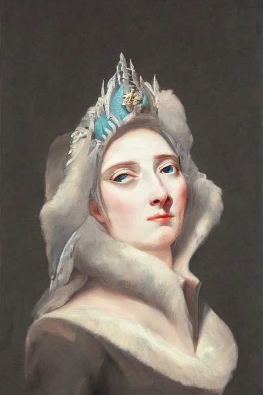 Image similar to Portrait of a frigid Ice Queen, in the style of Hyacinthe Rigaud, Jacques-Louis David and Artstation