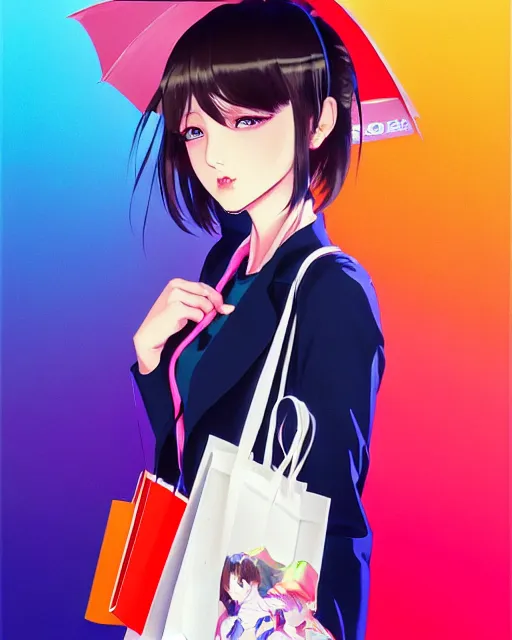 Image similar to cute girl wearing high heel with shopping bags, neon street. | very very anime!!!, fine - face, audrey plaza, realistic shaded perfect face, fine details. anime. very strong realistic shaded lighting poster by ilya kuvshinov katsuhiro otomo ghost, magali villeneuve, artgerm, jeremy lipkin and michael garmash and rob rey