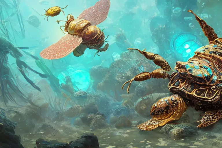 Prompt: beautiful painting of a huge caretta wearing an armour of jewels and golden beetles in ocean coral reef, water bubbles, intricate details, realistic shaded , steampunk, highly detailed, artstation, illustration by Greg Rutkowski and Ruan Jia , octane render, dynamic light, volumetric light, neon lights, cinematic mood