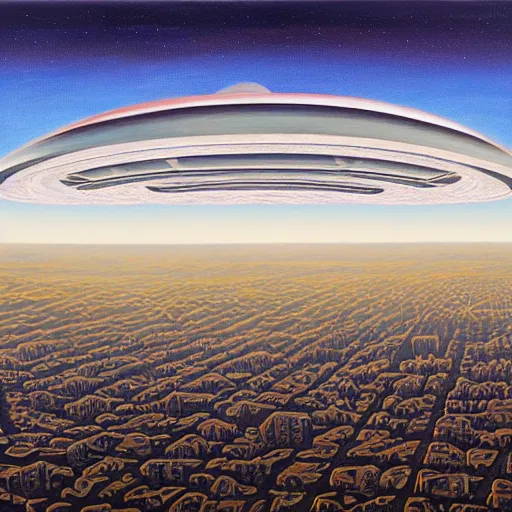 Image similar to prompt : big alien spaceship shaped like cloud hanging above city by jeffrey smith, oil on canvas