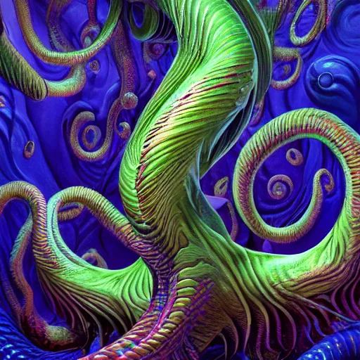 Prompt: photorealistic swirling abstract rendition of cthulu by michael whelan. hyperdetailed photorealism, 1 0 8 megapixels, amazing depth, glowing rich colors, powerful imagery, psychedelic overtones, 3 d finalrender, 3 d shading, cinematic lighting, artstation concept art