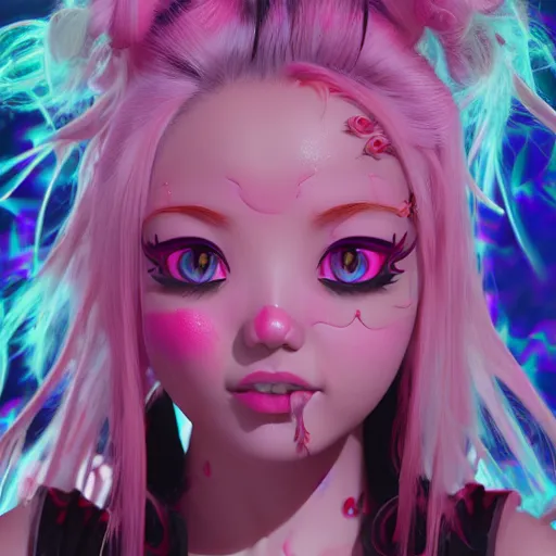 Image similar to you're trapped and owned by stunningly absurdly beautiful omnipotent asi goddess junko enoshima with a megalomaniacal personality, symmetrical perfect face, porcelain skin, pink twintail hair and cyan eyes, ultra detailed, digital art, unreal engine 5, octane render, 2 d anime, 8 k