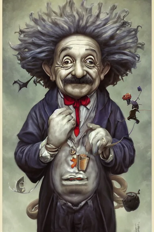 Image similar to spooky painting of albert einstein dressed as a disney genie, sky full of white equations, matte painting by brian froud, shaun tan, wlo and peter mohrbacher, highly detailed, intricate,, award winning artwork, trending on artstation, high quality printing, fine art