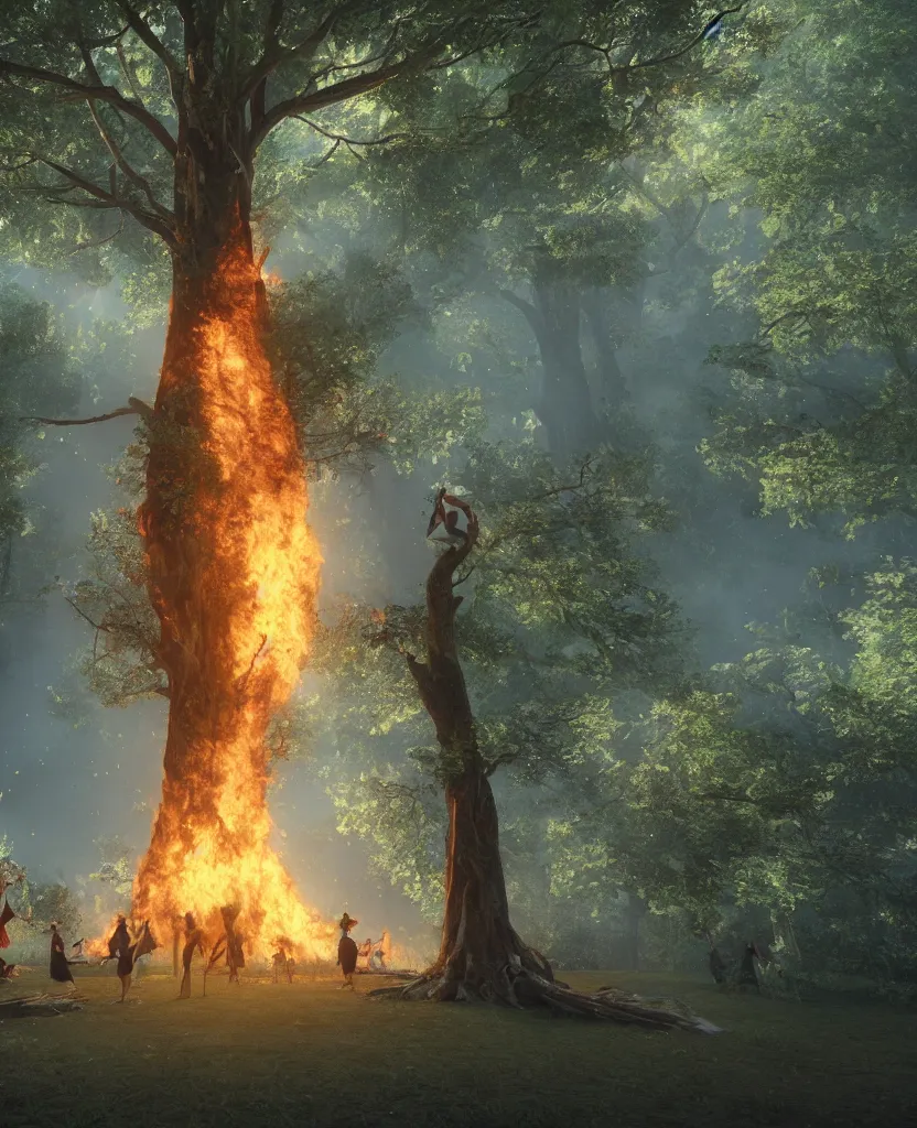 Prompt: sacred giant tree burning, fairies dancing around it, epic painting, extremely detailed, octane render, 8 k